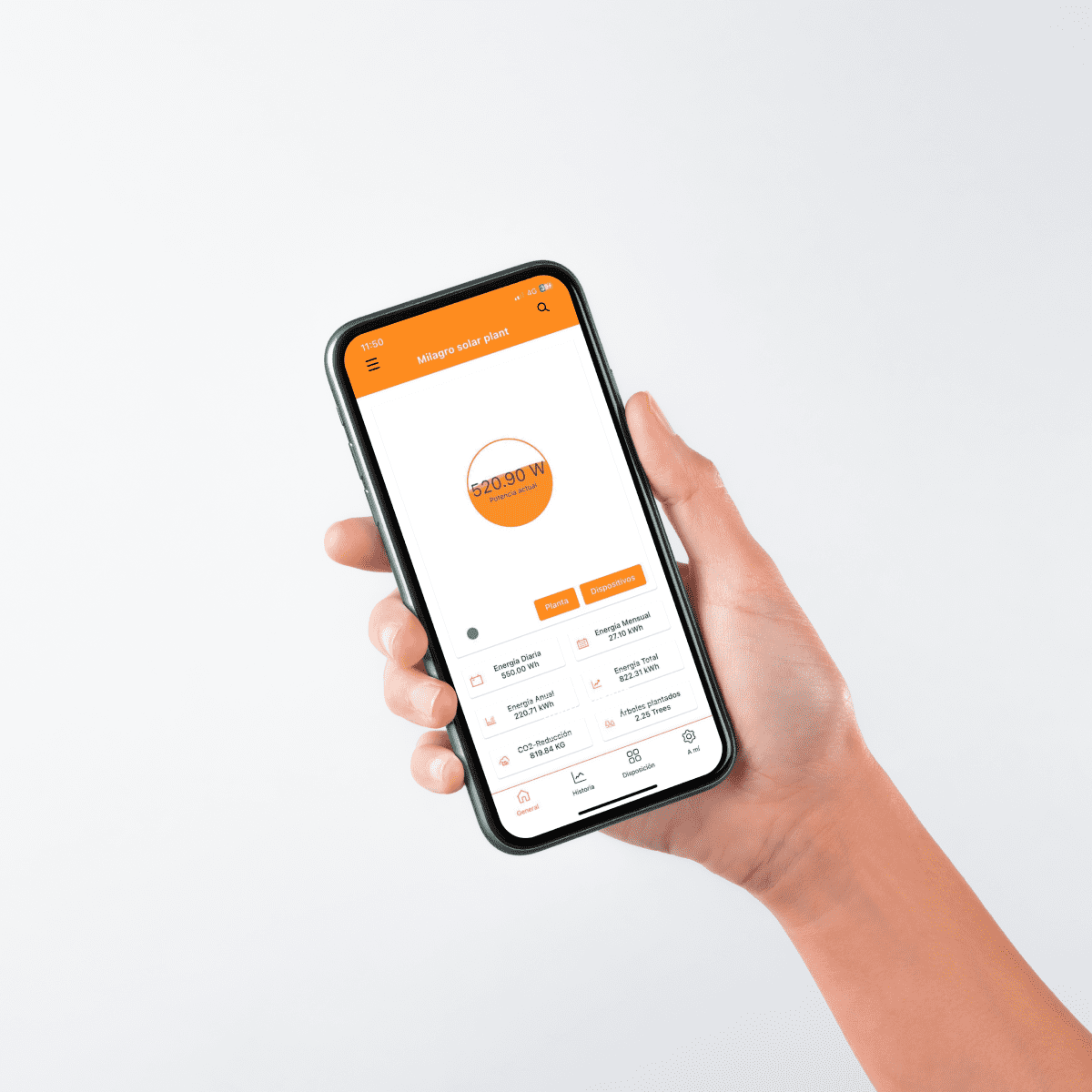 Hand holding mobile phone that displays production monitoring app