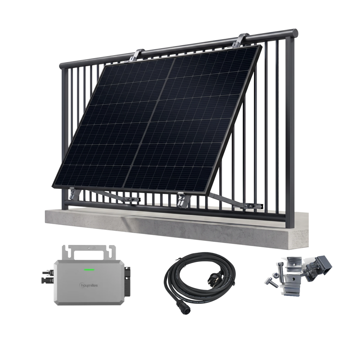 Solar panel kit with a black solar panel mounted on a black metal railing system over a concrete base, shown with an inverter, cable, and mounting hardware on a white background.