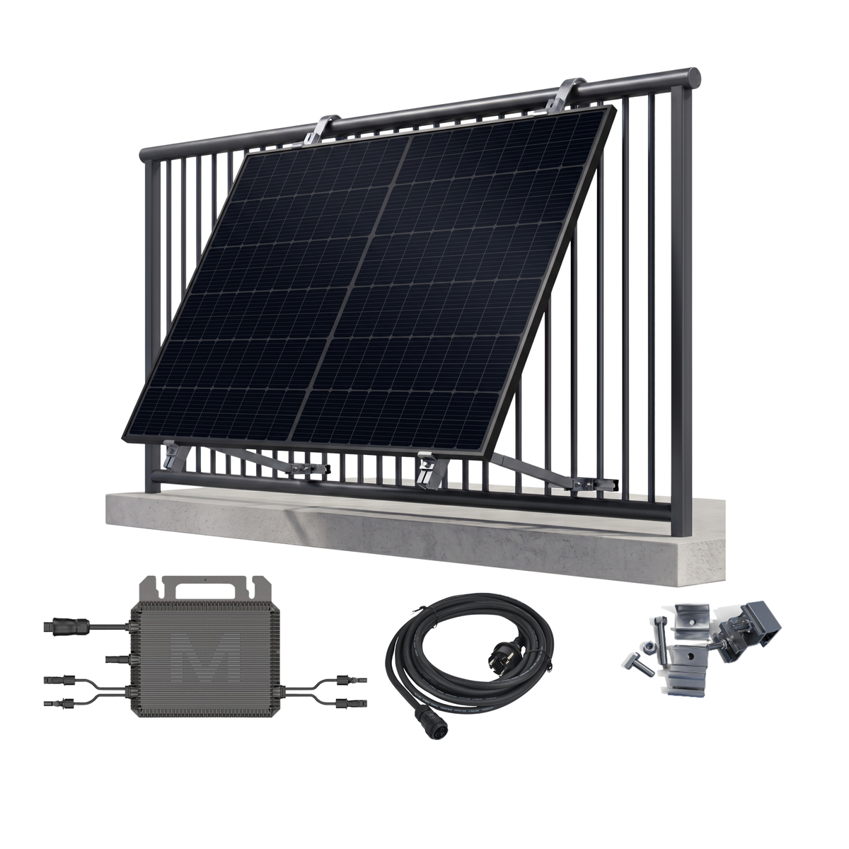 Solar panel kit with a black solar panel mounted on a black metal railing system, shown with an included battery management unit, cable, and mounting hardware on a white background.