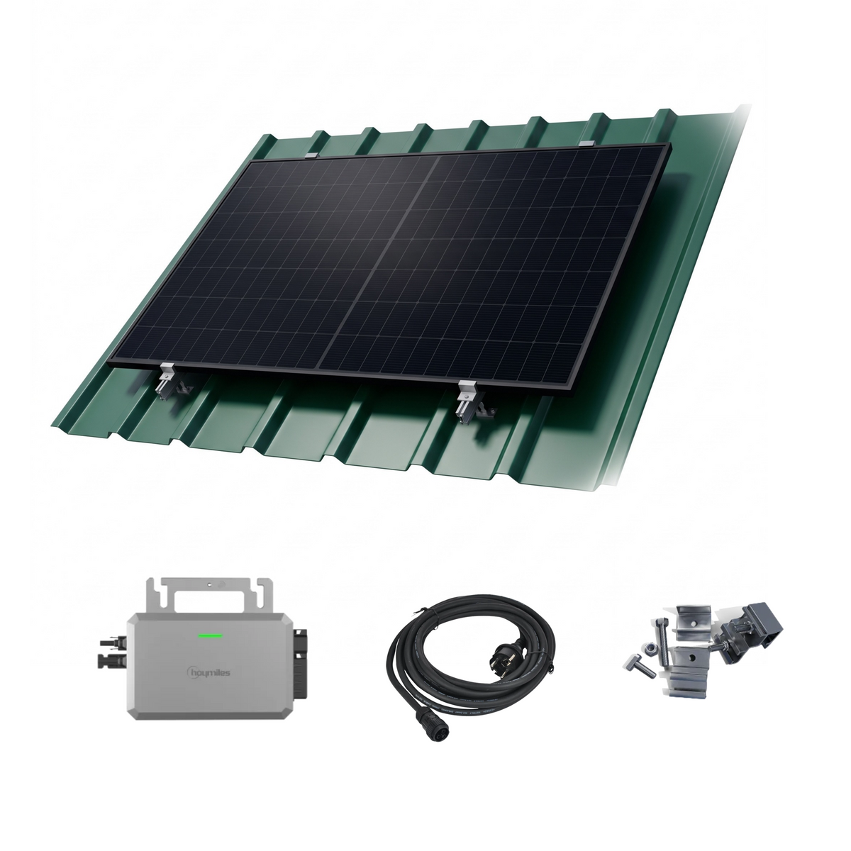 Solar power system kit featuring a black solar panel mounted on a green metal roof, with an inverter, power cable, and mounting hardware shown below on a white background.