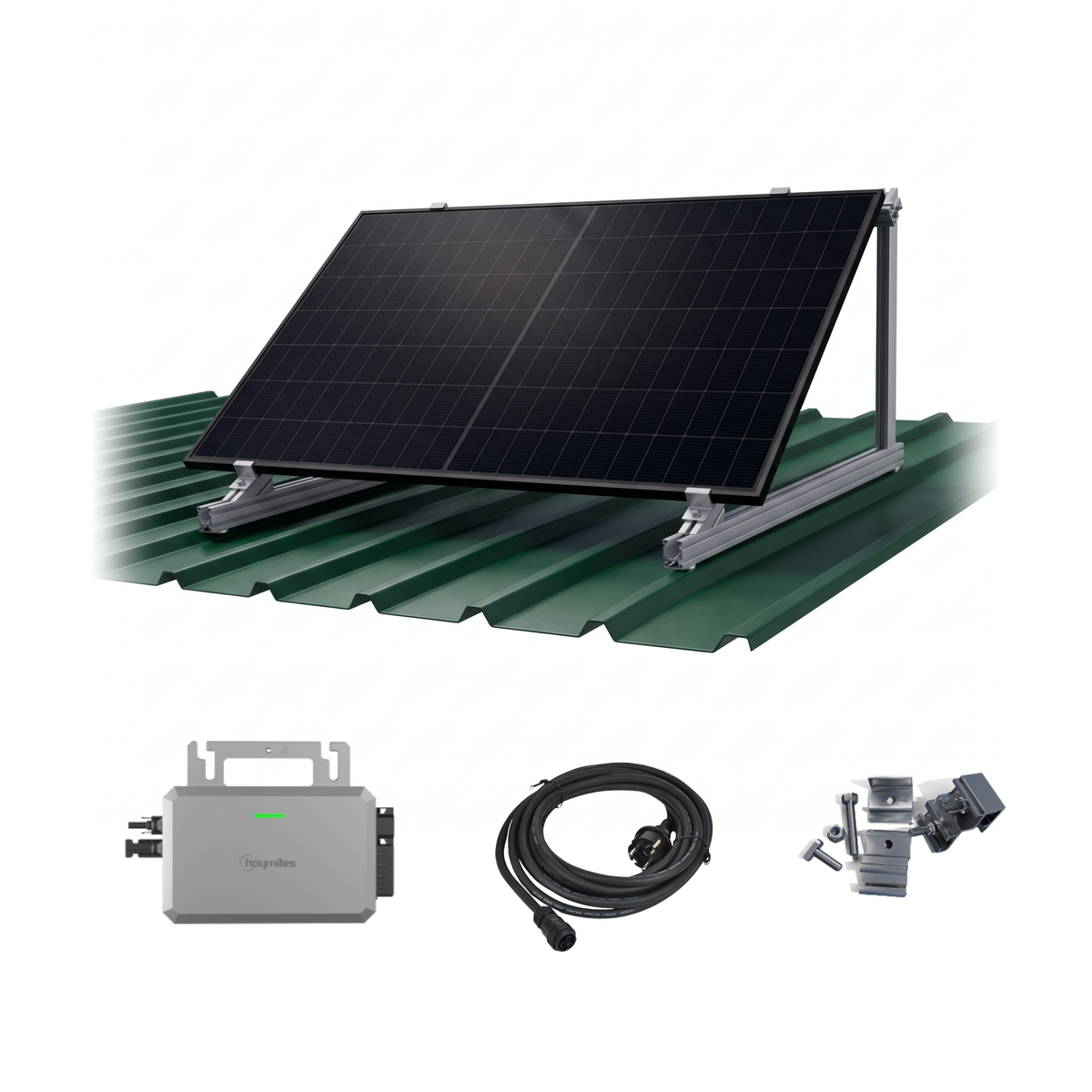 Solar power kit featuring a black solar panel on a metal roof mount, shown above a green corrugated roof with three accessory components below: a gray power conditioner, a black cable, and mounting hardware.