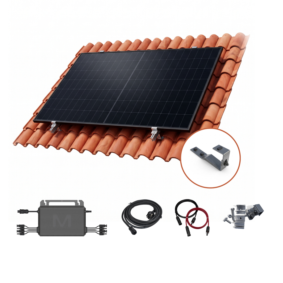 A solar power system kit shown on a white background, featuring a black solar panel mounted on a terracotta-colored tiled roof, with accessories including a gray battery or storage unit, cables, mounting hardware, and a circular inset showing the bracket detail.