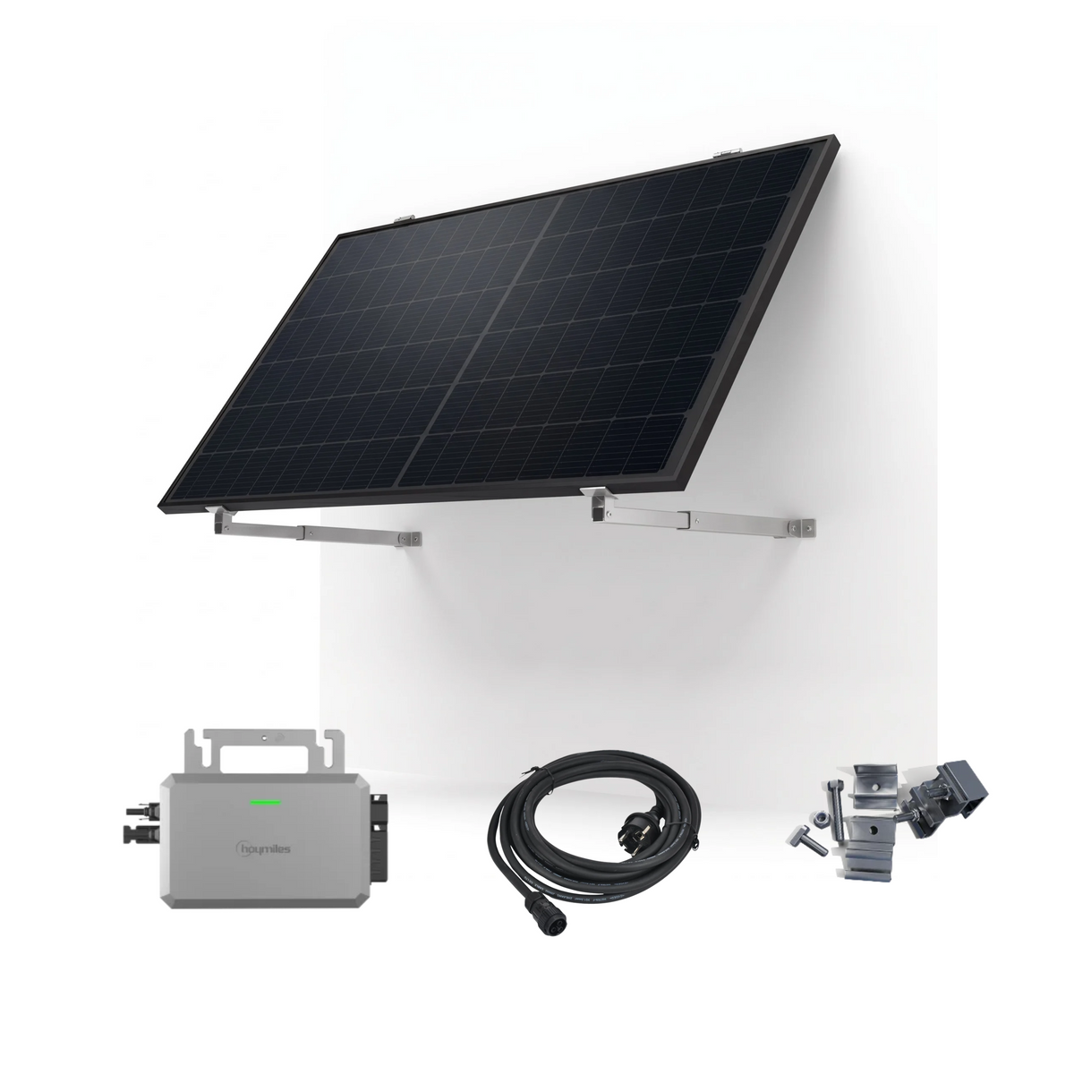 Solar power system kit featuring a black solar panel mounted on a white wall bracket, a gray inverter, a black power cable, and mounting hardware, all displayed on a clean white background.