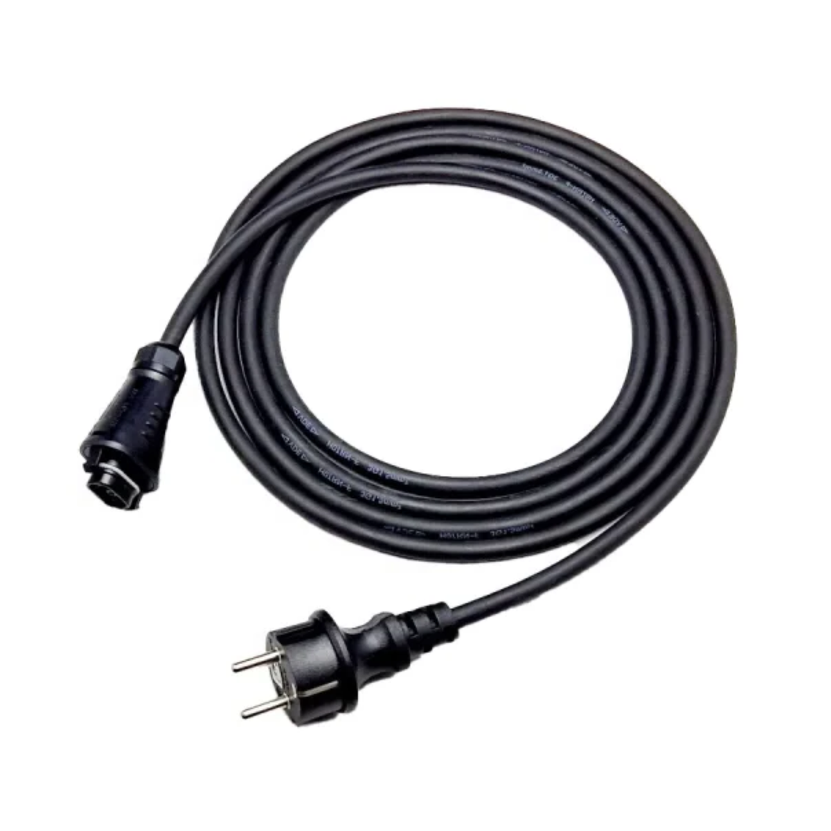 Schuko-Betteri BC05 cable shown coiled on a white background highlighting outdoor suitability, high quality, UV/ozone resistance