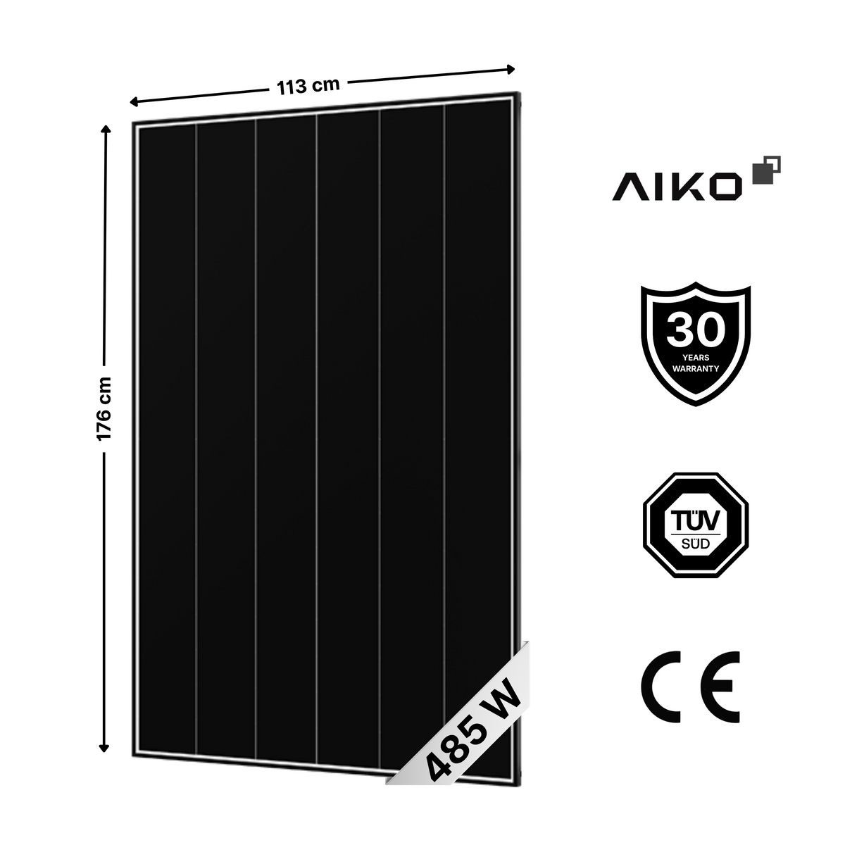 Black solar panel shown on a white background with dimension labels 113 cm by 176 cm, plus AIKO branding, a 30-year warranty badge, TÜV SÜD certification, and CE mark.