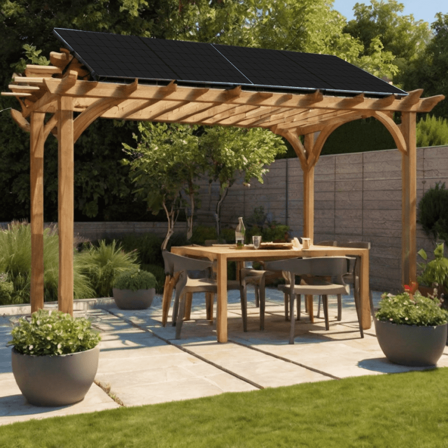 Solar pergola kit with mounted photovoltaic panels – Kit de pérgola solar con paneles fotovoltaicos instalados