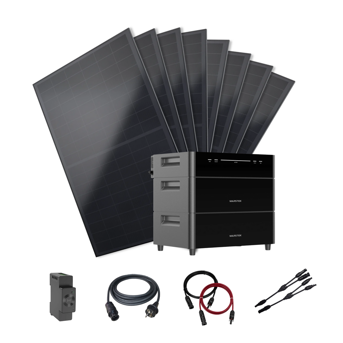 A solar kit Smart 2200 showing multiple dark solar panels fanned behind a black and gray battery storage unit, with cables and connectors