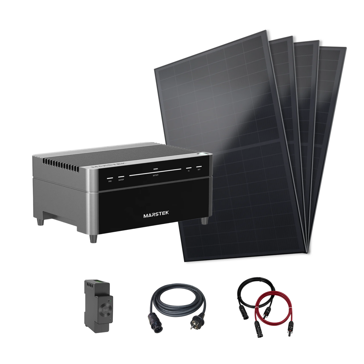 Solar kit featuring four solar panels, and MARSTEK battery and two cables, displayed on a white background