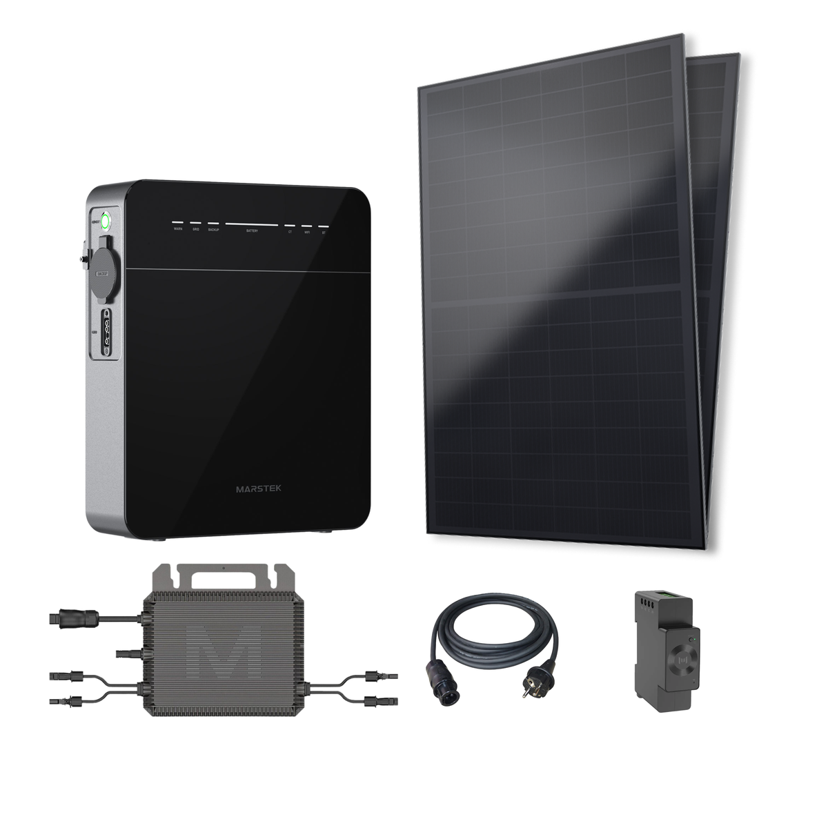Marstekt Mini solar kit bundle including a two black solar panels, a battery storage unit, a black cable, and a smart meter
