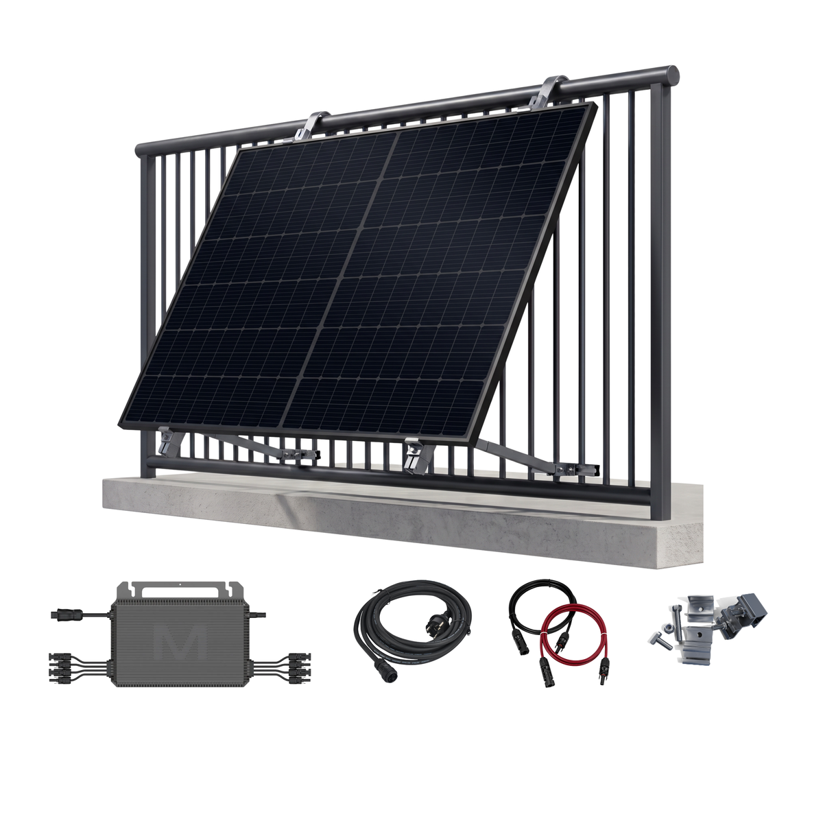 Solar panel kit with a black solar panel mounted on a black metal railing system, shown with an under-mount concrete base and included accessories including a battery, cables, and a controller, on a solid white background.