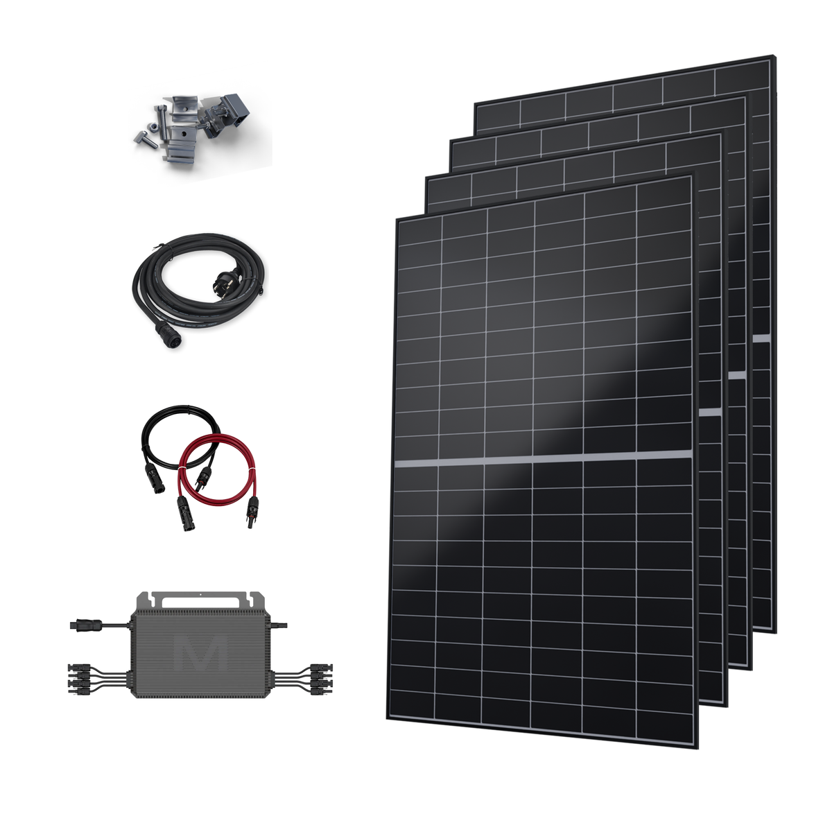 A solar power kit featuring four stacked black solar panels, a gray battery storage unit, black and red cables, and gray connector blocks, all arranged on a plain white background.