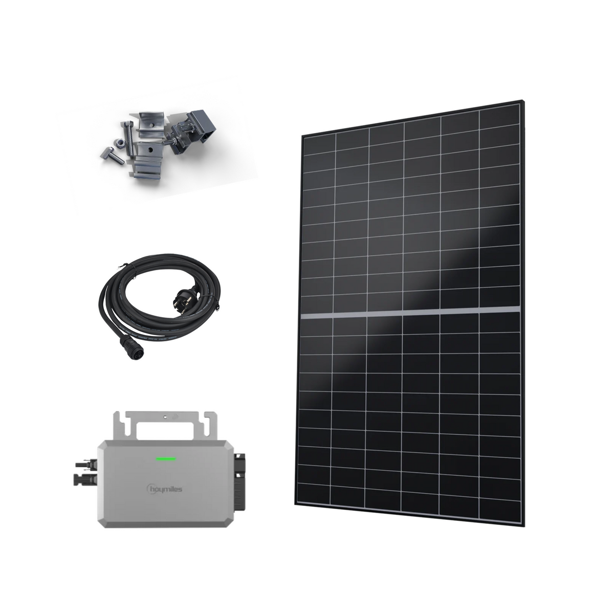 A solar power system kit featuring a large black solar panel, a gray inverter, mounting hardware, and a black cable, displayed on a clean white background.