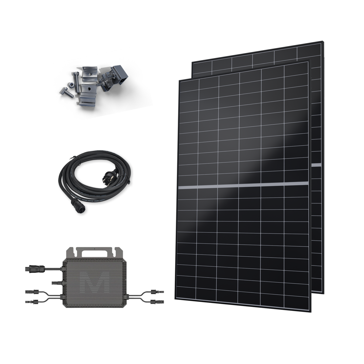 Solar power system kit featuring two black solar panels, a black cable, a gray junction box, and a gray battery or storage unit on a white background.