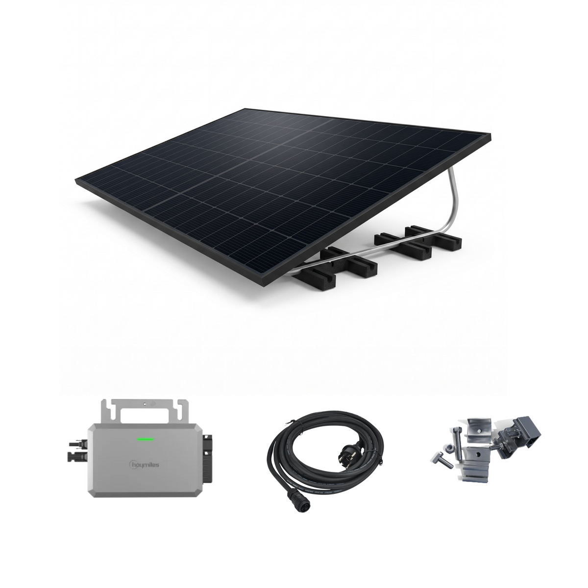Solar power system kit featuring a black solar panel mounted on a black adjustable bracket, a gray inverter unit, a black power cable, and mounting hardware, all displayed on a clean white background.