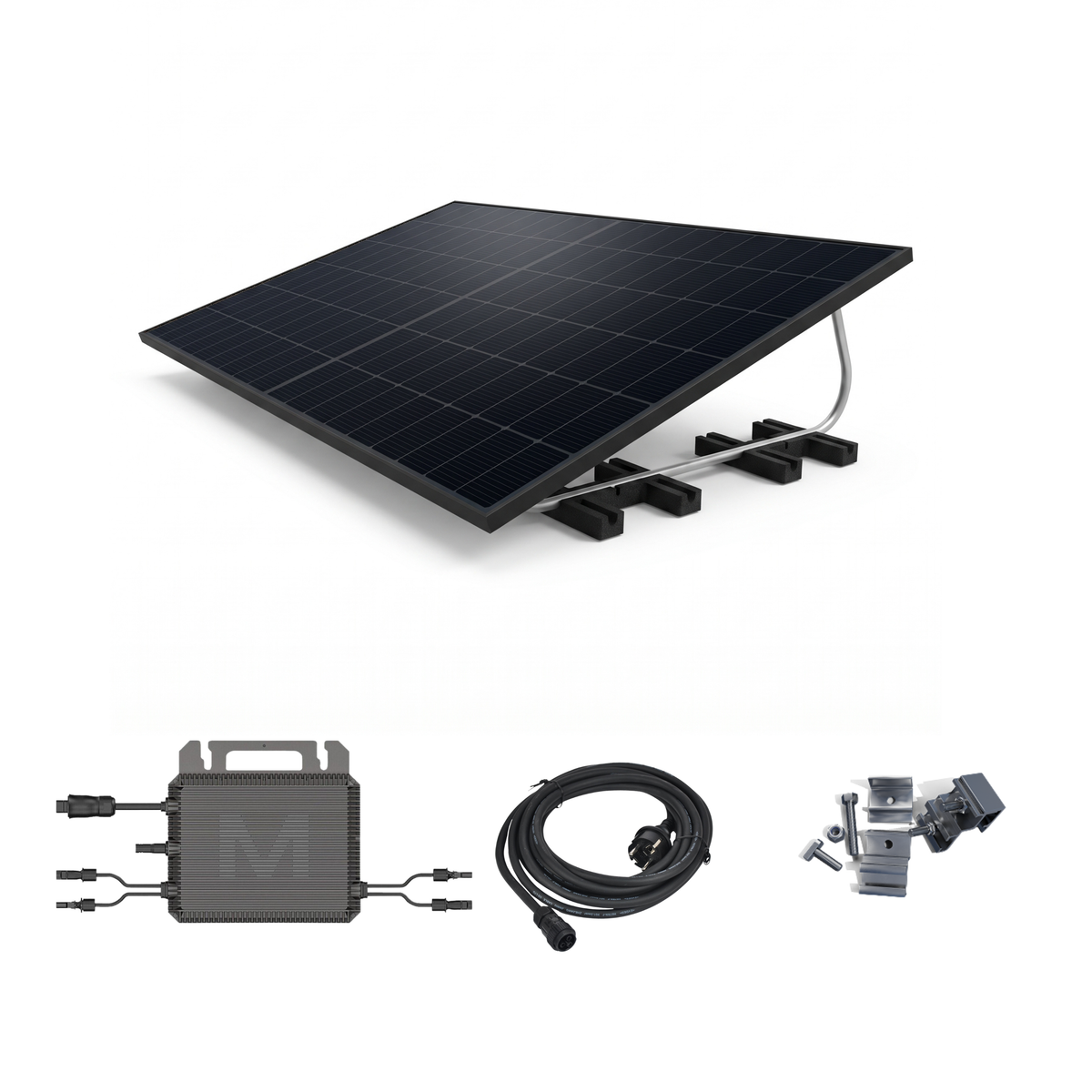 Solar power system kit featuring a black solar panel mounted on a black frame, with included accessories: a gray battery storage unit, a black cable with connectors, and mounting hardware, all shown on a white background.