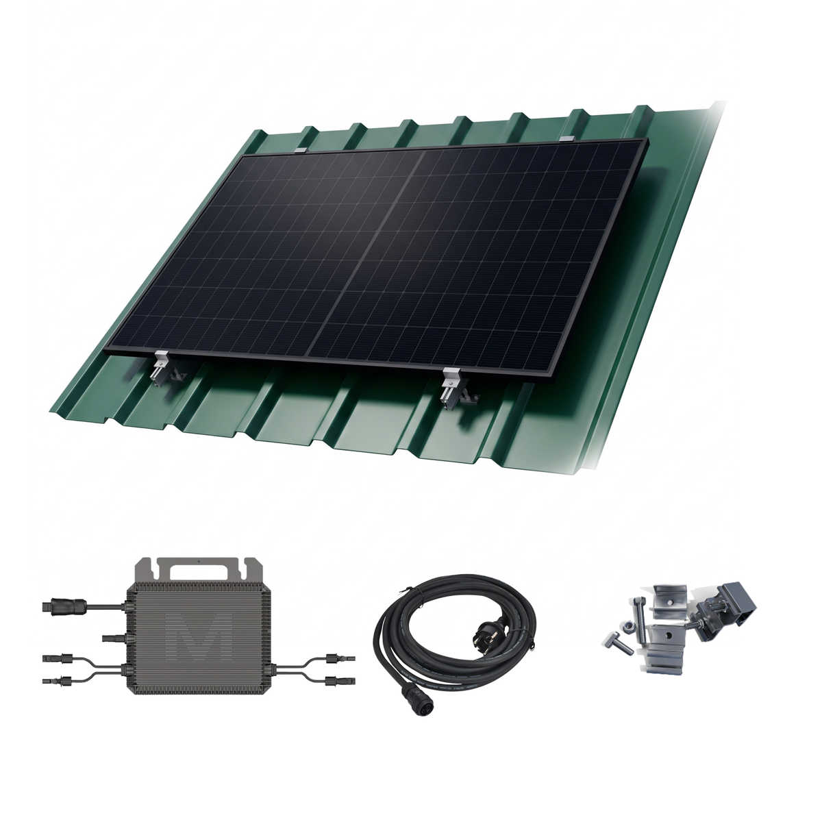 Solar power system kit featuring two black solar panels, a black cable, a gray junction microinverter