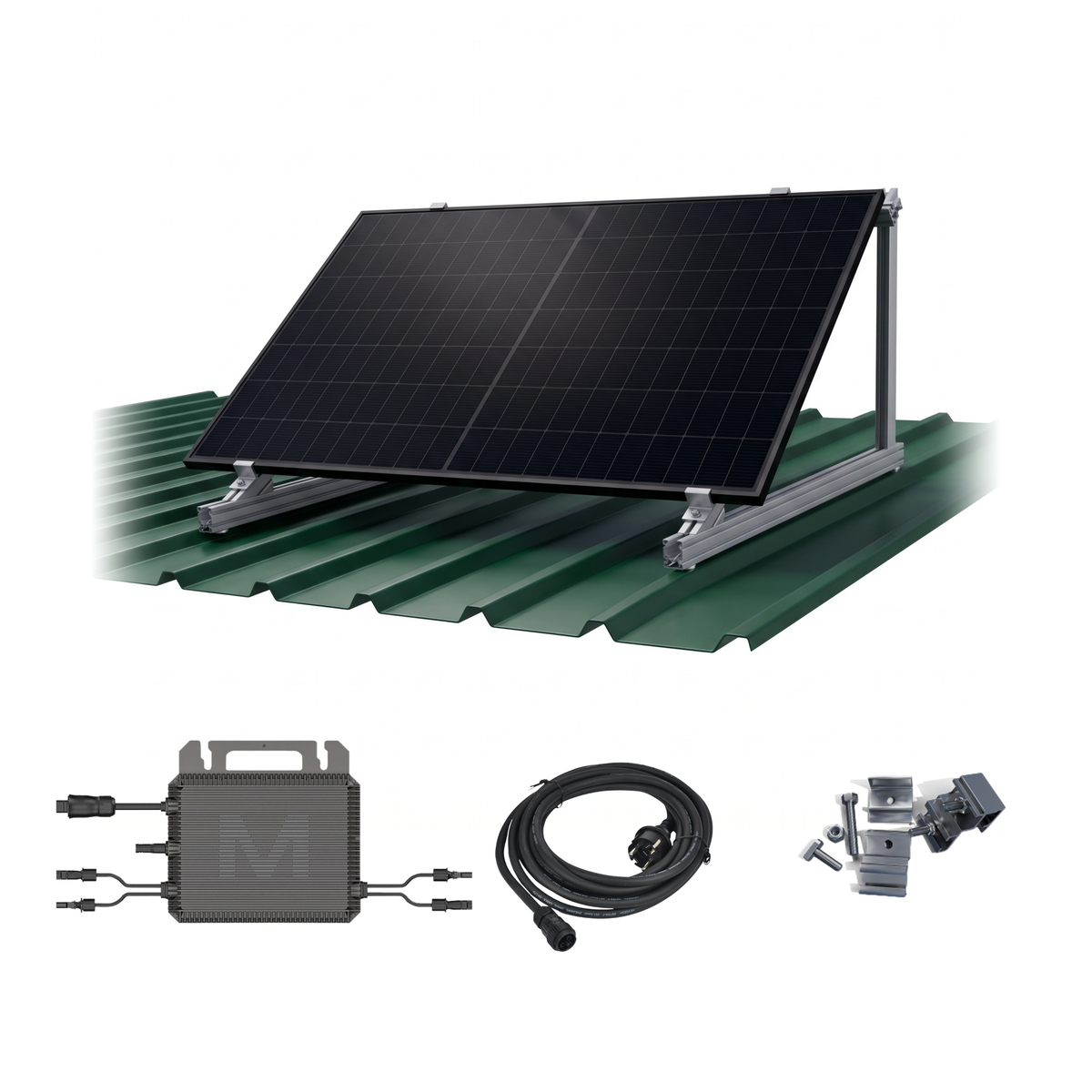 Solar panel kit with a black solar panel mounted on a metal frame over a green corrugated roof, shown with included accessories below on a white background.