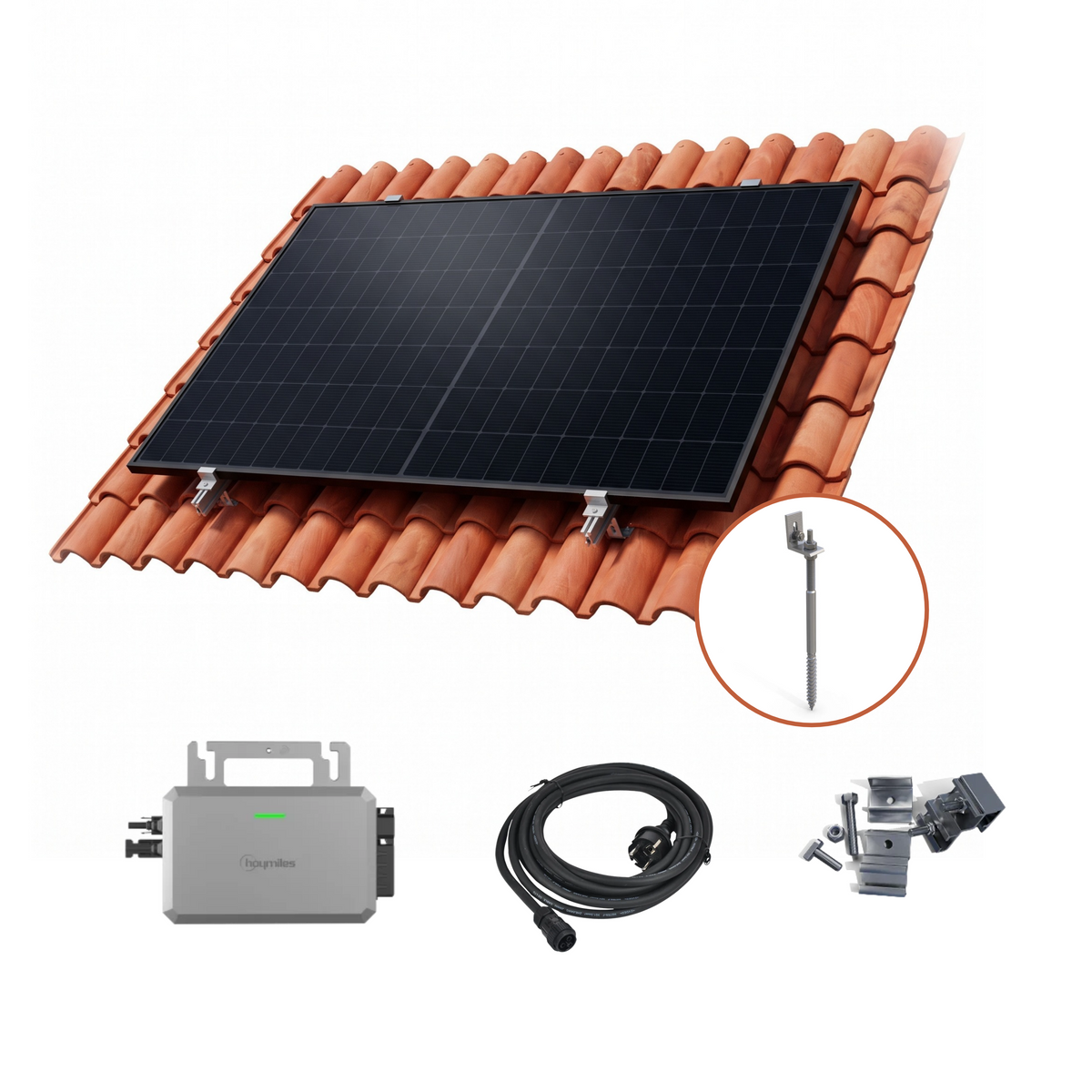 Solar power system kit shown on a white background, featuring a black solar panel mounted on orange-brown corrugated tiles, a gray inverter unit, a black cable, mounting hardware, and a circular inset showing the ground stake detail.