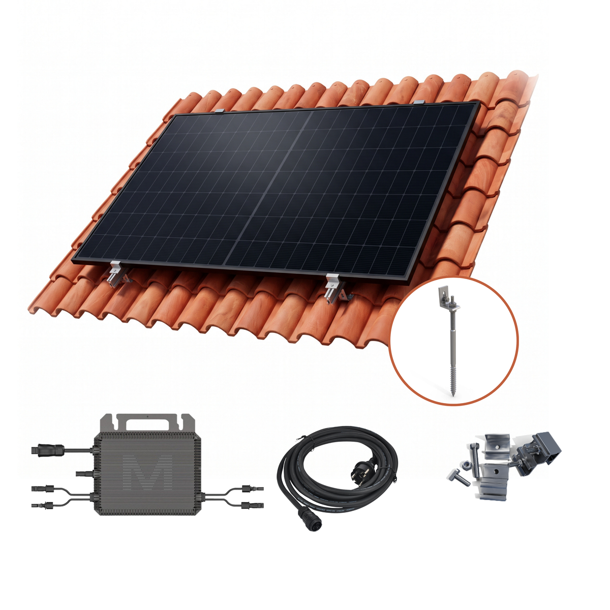 Solar roof kit with a black rectangular solar panel mounted on orange-brown corrugated tiles, shown with accessories including a battery or storage unit, cable, mounting hardware, and a close-up of the mounting pole.