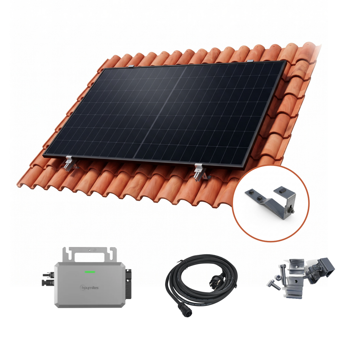 Solar power system kit shown on a white background, featuring a black solar panel mounted on terracotta roof tiles, a gray inverter unit, a black cable with connector, mounting brackets, and an inset close-up of the bracket hardware.