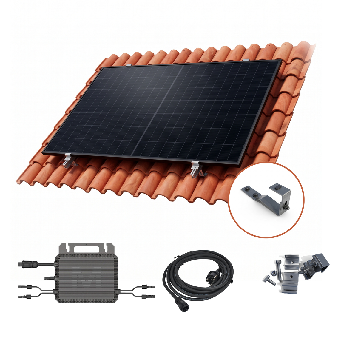 Solar power system kit featuring a black solar panel mounted on a terracotta tiled roof, shown with accessories including a gray battery storage unit, black cable, mounting brackets, and hardware on a white background.