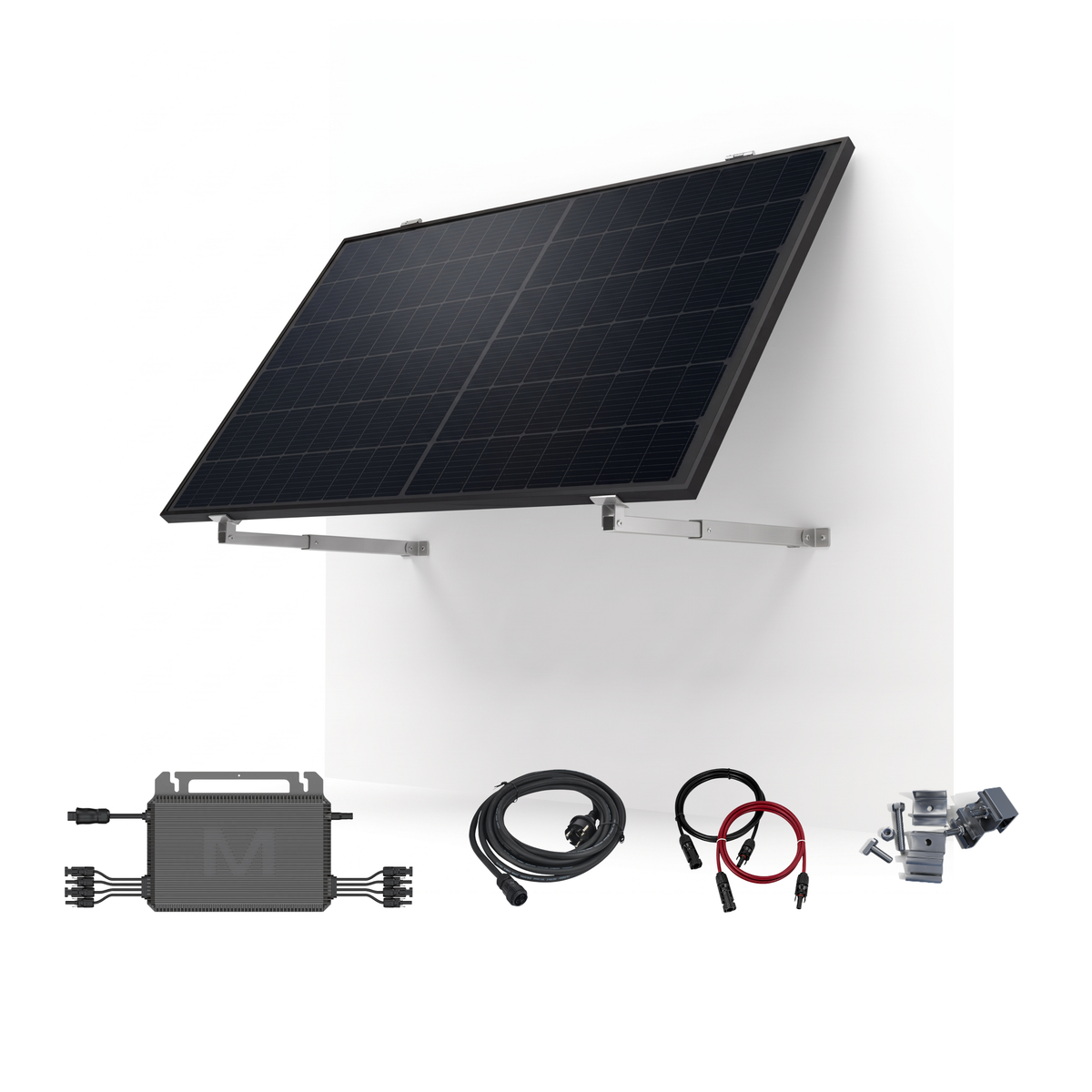A wall-mounted solar panel kit shown against a white background, including the solar panel, mounting brackets, a battery or storage unit, cables, and a small electrical component.