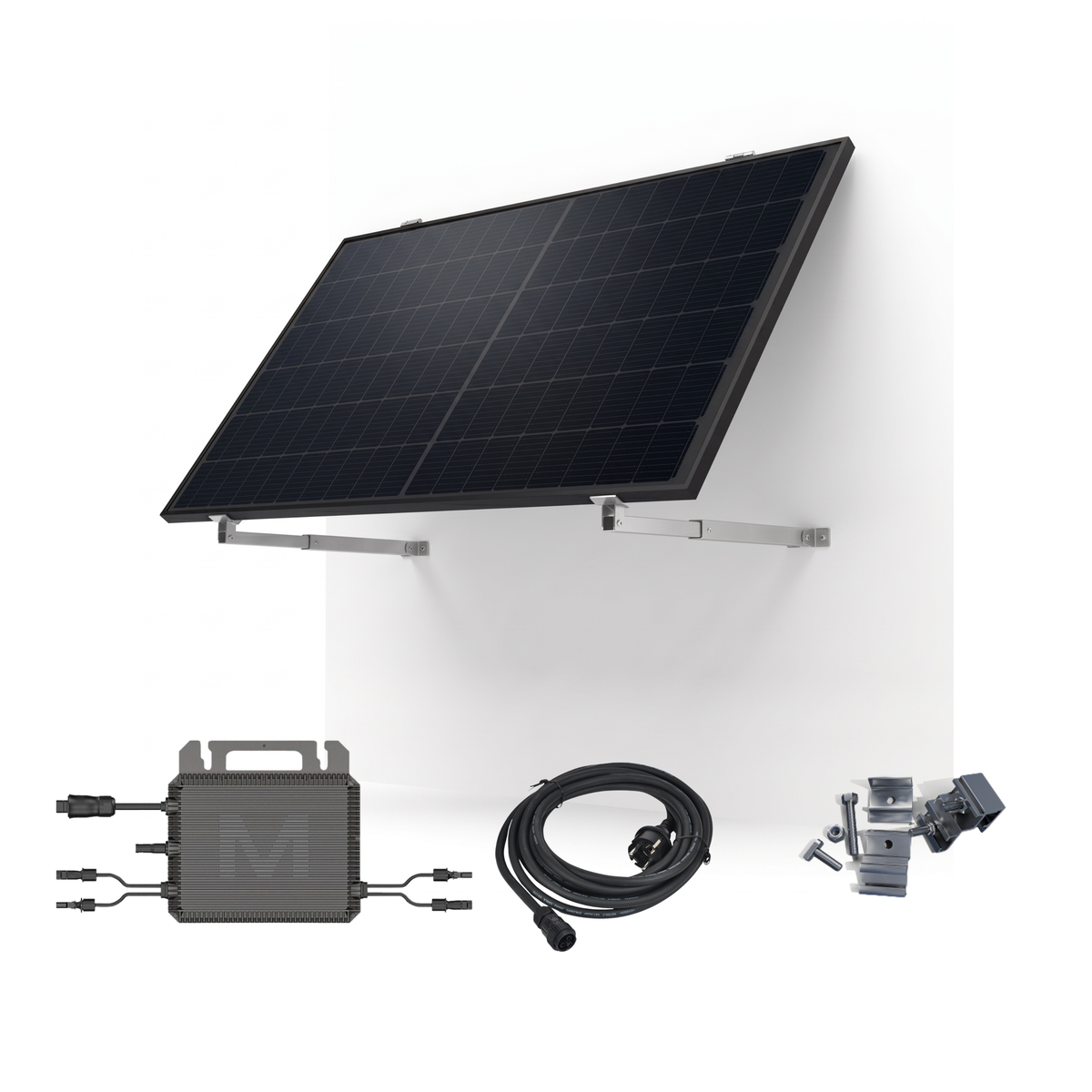 Solar power system kit featuring a black solar panel mounted on a white wall bracket, with included accessories such as a gray battery storage unit, black cable, and metal mounting hardware displayed below on a white background.