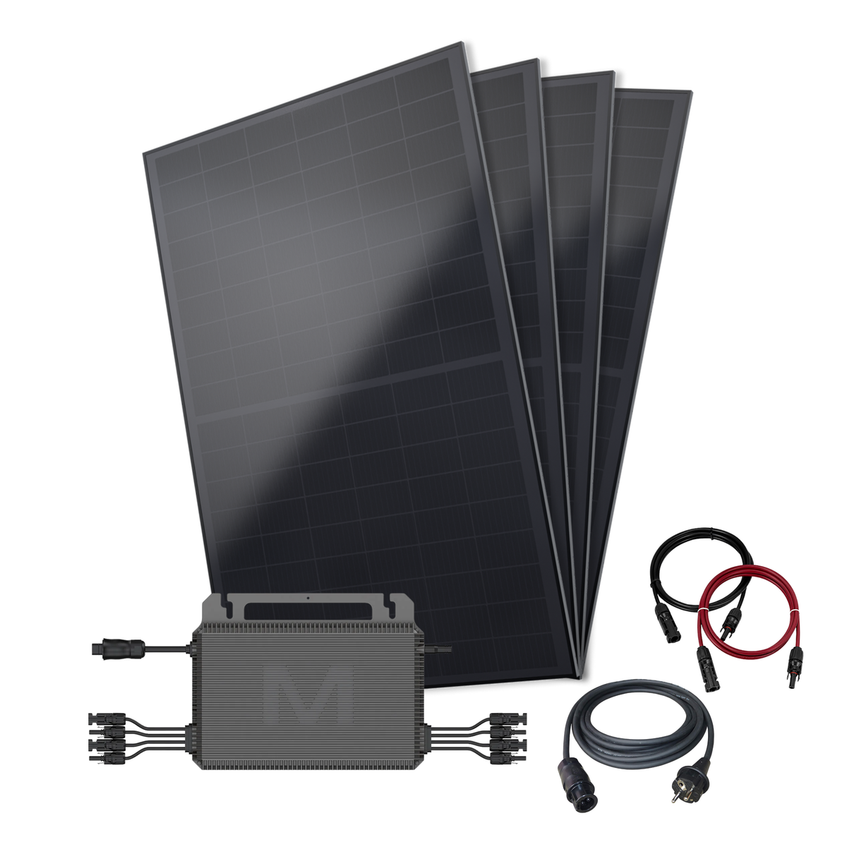 A 2000 W solar power kit featuring four black solar panels, micro inverter and cables