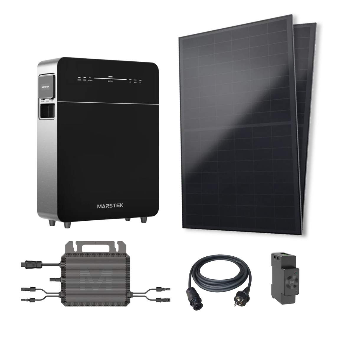 Marstex solar power system kit featuring a black and silver battery storage unit, two black solar panels, a gray battery management box, a black cable, and a black connector block, all arranged on a white background.