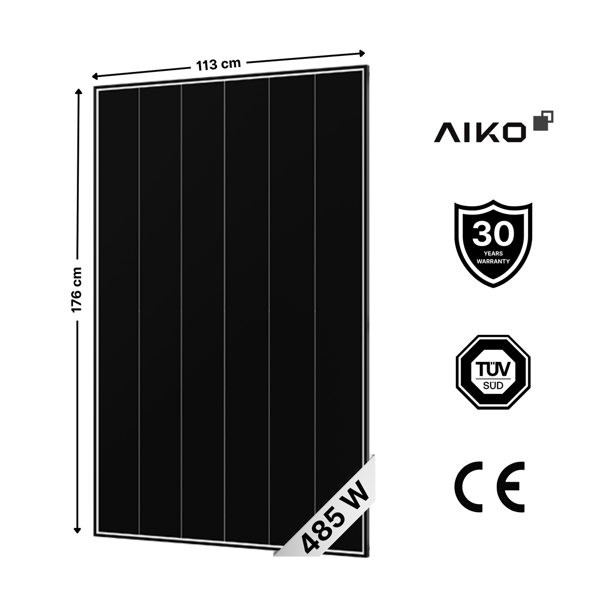 Black solar panel shown on a white background with dimension labels 113 cm by 176 cm, plus AIKO branding, a 30-year warranty badge, TÜV SÜD certification, and CE mark.