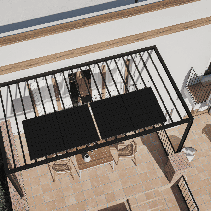 Solar pergola kit with mounted photovoltaic panels – Kit de pérgola solar con paneles fotovoltaicos instalados